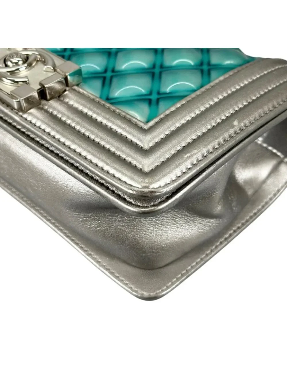 Chanel Boy Enamel Leather Lambskin Silver Light Blue Shoulder